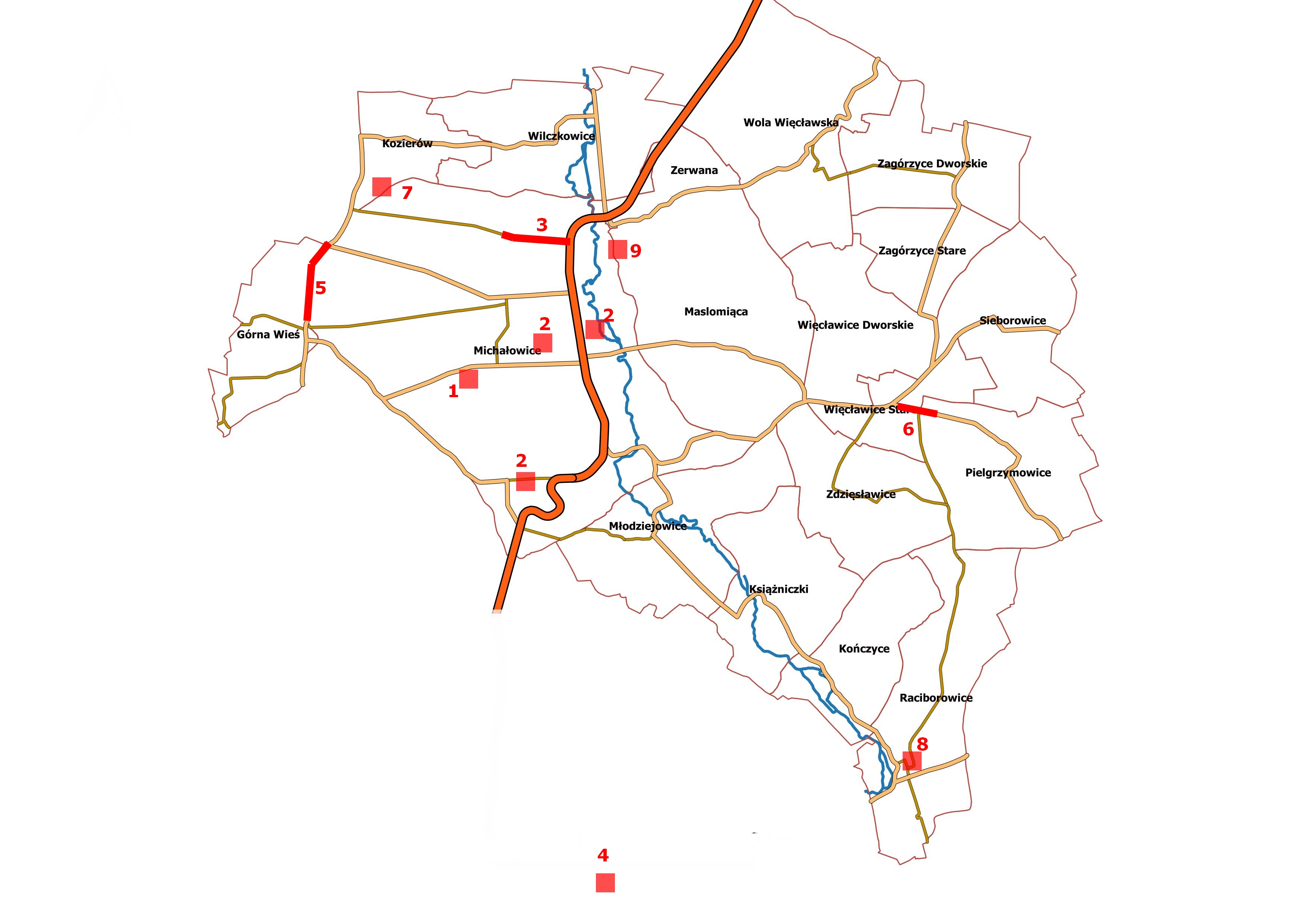 Mapa Gminy Michałowice przedstawiająca plan inwestycji w roku bieżącym